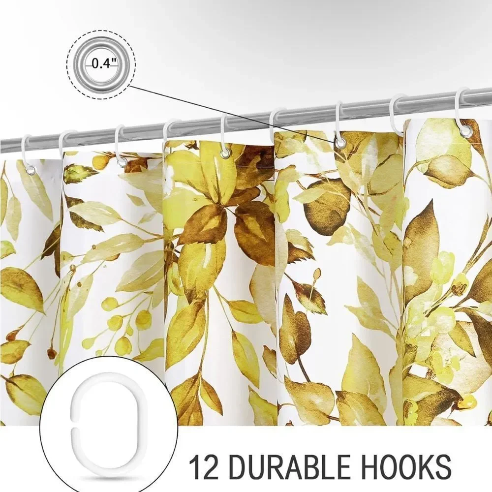 Yellow Eucalyptus Shower Curtain, Watercolor Plant Leaves With Floral Ba…